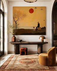 Retro Minimalist Oil Painting Of Man And Dog At Sunset For Living Room Decor
