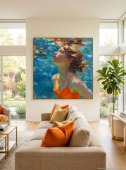 Serene Woman Swimming In Blue Water Original Oil Painting For Modern Home Decor