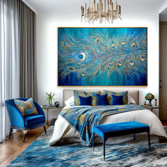 Radiant Feather – Textured Blue and Gold Abstract Oil Painting