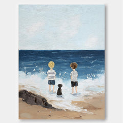 Original Hand Painted Seascape Artwork Featuring Children And Pet On Linen