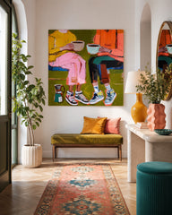 Square Canvas Artwork Depicting Modern Friendship Through Colorful Expressionist Style