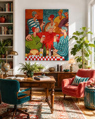 Vibrant People Painting Of Festive Dinner Party For Dining Room Wall Decor