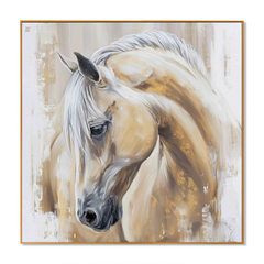 Golden Grace – Modern White Horse Portrait Oil Painting hand-painted wall art