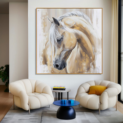 Golden Grace – Modern White Horse Portrait Oil Painting