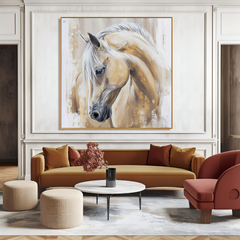 Golden Grace – Modern White Horse Portrait Oil Painting