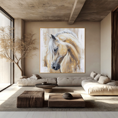 Golden Grace – Modern White Horse Portrait Oil Painting
