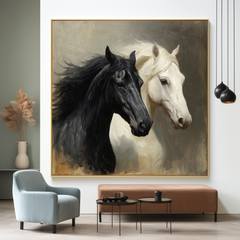 Quiet Companions – Black and White Horse Canvas Art