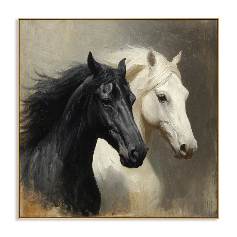 Quiet Companions – Black and White Horse Canvas Art hand-painted wall art