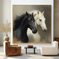 Quiet Companions – Black and White Horse Canvas Art