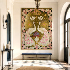 Crowned Peacock Romance – Ornate Floral Bird Wall Art
