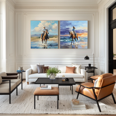 Western Beach Horse Riding Wall Art – Cowboy and Cowgirl Canvas Set