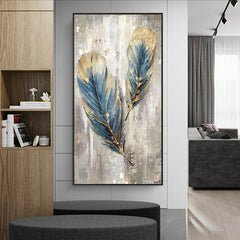 Feathers – Blue & Gold Textured Abstract Painting for Modern Elegant Home Decor
