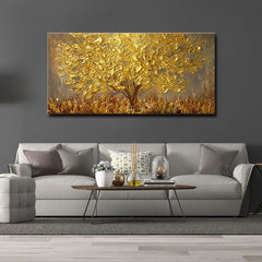 Summer-Golden Tree Textured Oil Painting – Abstract Landscape Wall Art Decor