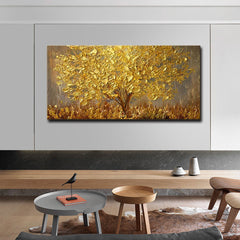 Summer-Golden Tree Textured Oil Painting – Abstract Landscape Wall Art Decor