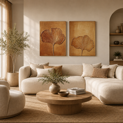 Two-piece ochre and gold ginkgo leaf wall art set FL190 above a living room sofa