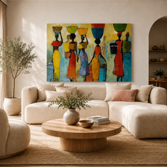 Colorful horizontal figurative painting PE389 on an oversized living room focal wall