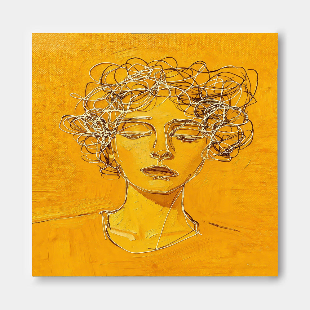 Modern Minimalist Face Line Art Painting With Golden Hue For Contemporary Home Decor