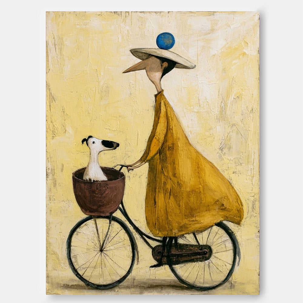 Whimsical Abstract Figure Painting With Dog In Basket For Modern Home Decor