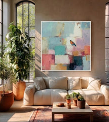 Modern Geometric Bird Painting With Colorful Blocks For Living Room Decor