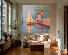 Vintage Childhood Sailboat Art Children By Lake Dock Oil Painting Warm Toned Wall Decor For Living Room