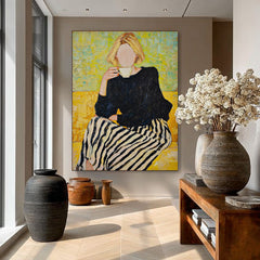 Faceless Blonde Woman Art Modern Yellow & Black Impressionist Oil Painting Abstract Female Portrait Artwork