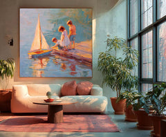 Vintage Childhood Sailboat Art Children By Lake Dock Oil Painting Warm Toned Wall Decor For Living Room