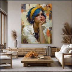Modern Female Portrait Abstract Oil Painting Blue Hair Girl Wall Art Impasto Textured Canvas For Living Room