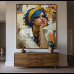 Modern Female Portrait Abstract Oil Painting Blue Hair Girl Wall Art Impasto Textured Canvas For Living Room