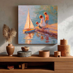 Vintage Childhood Sailboat Art Children By Lake Dock Oil Painting Warm Toned Wall Decor For Living Room