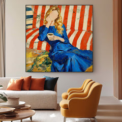 Faceless Woman Portrait Oil Painting Modern Blue Dress & Red Striped Sofa Canvas Art Vibrant Abstract Wall Decor