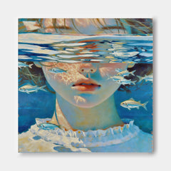 Surreal Underwater Girl Portrait With Fish Blue And White Square Canvas Oil Painting For Modern Home Decor