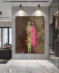 Dark Brown Large Figure Painting Original Green And Pink Silhouettes Wall Art Abstract Artwork Framed