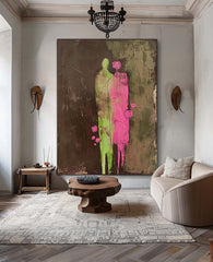 Dark Brown Large Figure Painting Original Green And Pink Silhouettes Wall Art Abstract Artwork Framed