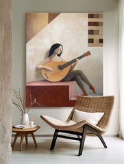 Little Girl Playing Guitar Wall Art painting Abstract Lady Acrylic Painting Large Portrait Artwork Home Decor