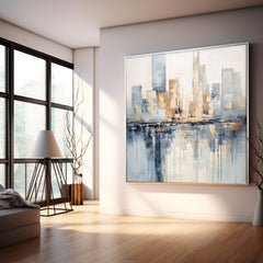 Modern Abstract Cityscape Oil Painting Large Texture Painting On Canvas Blue and Beige Wall Art Home Decor