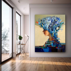 Original Blue Wall Art Abstract Lady Painting Woman Face Artwork Large Leaf Faceless Portrait Painting