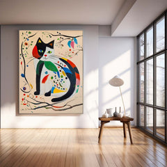 Modern Cat Oil Painting Framed Artwork Joan Miró Style Abstract Cat Childlike Oil Painting Large Cat Pop Art