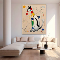 Modern Cat Oil Painting Framed Artwork Surreal Joan Miró Style Abstract Cat Oil Painting Large Cat Pop Art