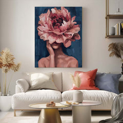 Original Lady Wall Art Abstract Pink Peony Flower Profile Artwork Large Portrait Painting For Living Room