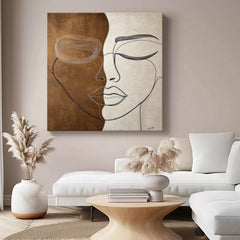 Lady Face Abstract Wall Art Square Original Wabi-sabi Minimalism Portrait Painting Canvas Large Artwork