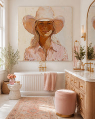 Modern Cowgirl Portrait Painting In Warm Earth Tones For Living Room Decor