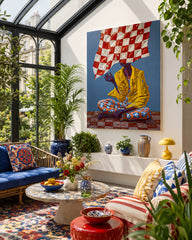 Original Surrealist People Painting With Bold Colors And Abstract Patterns For Modern Wall Art