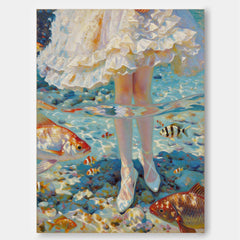 Fantasy Art Print Of Girl Standing In Clear Water With Tropical Fish