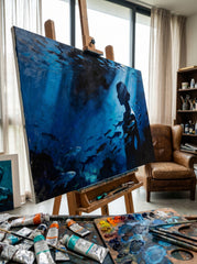 Underwater Surrealism Oil Painting With Female Silhouette And Fish For Modern Home Decor