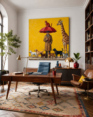 Surreal Man With Animals Painting Yellow Background Square Canvas Art For Living Room Decor