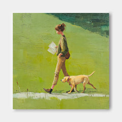 Minimalist Girl Walking The Dog Painting Abstract Warm And Peaceful atmosphere Landscape Green Grassland Wall Art