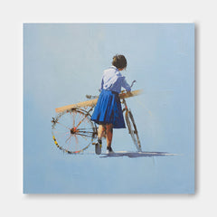 Minimalist Girl Riding A Bicycle Painting Blue Wall Art Abstract Warm atmosphere Art For Living Room