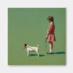 Minimalist Girl Walking The Dog Painting Green Grassland Wall Art Abstract Warm And Peaceful atmosphere