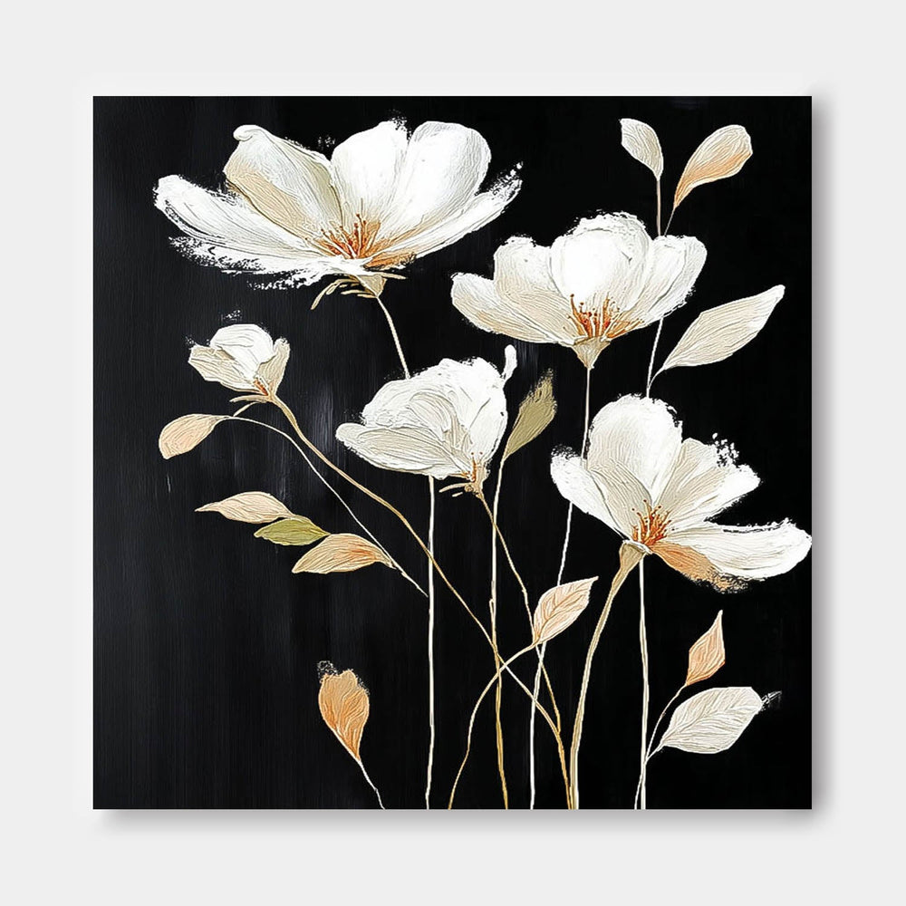Black Original Artwork Texture Plant Wall Art Large White Flower Abstract Oil Painting Canvas Home Decor