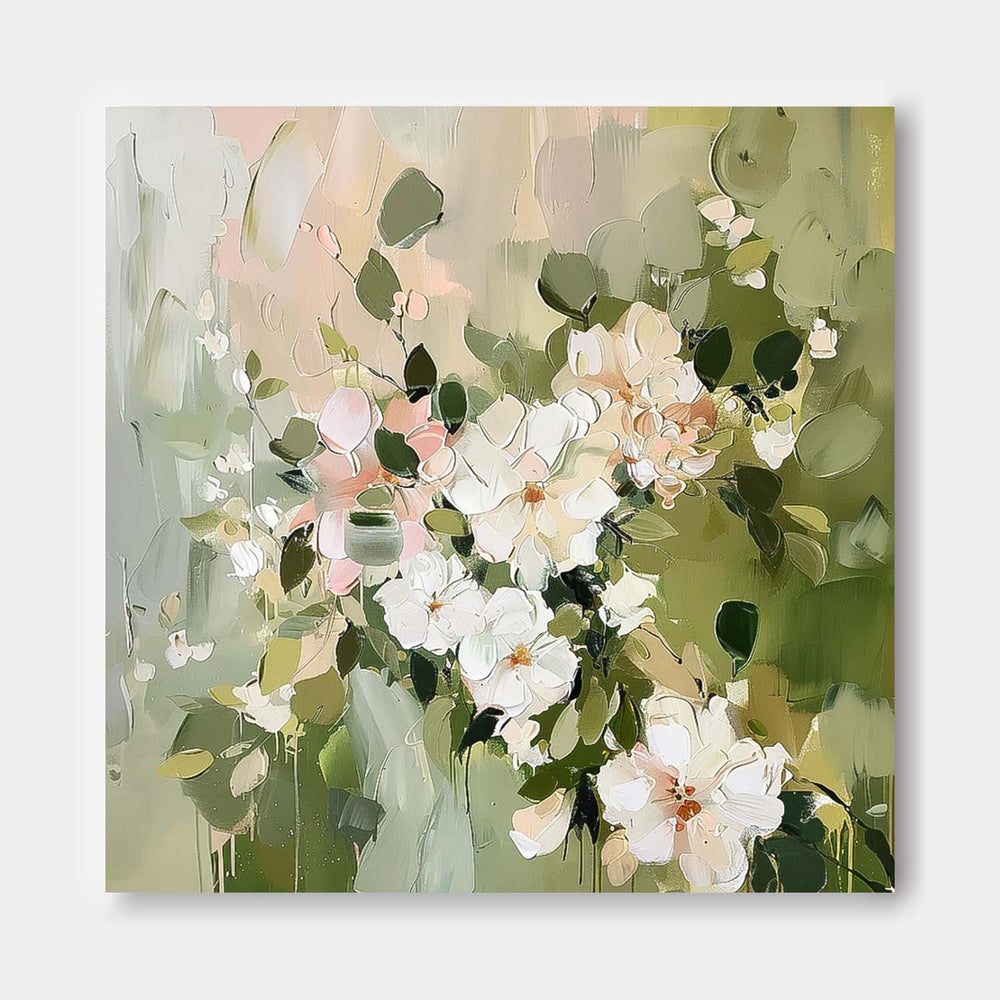 Square Original Fresh White Flowers Painting Large Green Acrylic Painting Modern Floral Oil Painting On Canvas